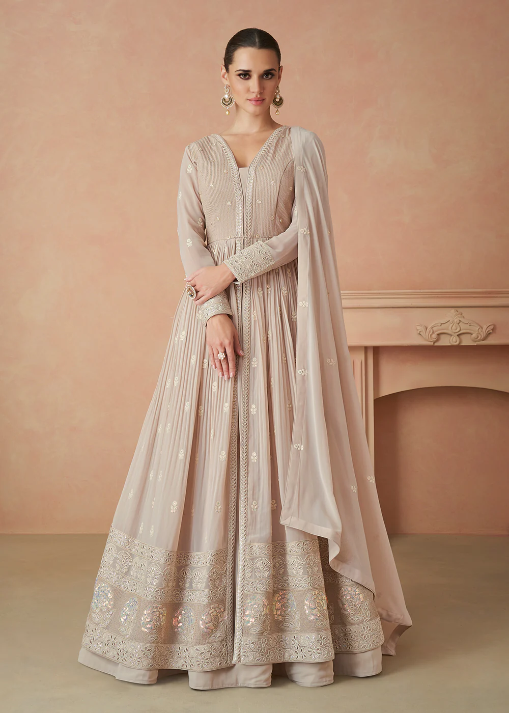 Pretty Beige Sequins Embroidered Georgette Designer Gown - Image 4