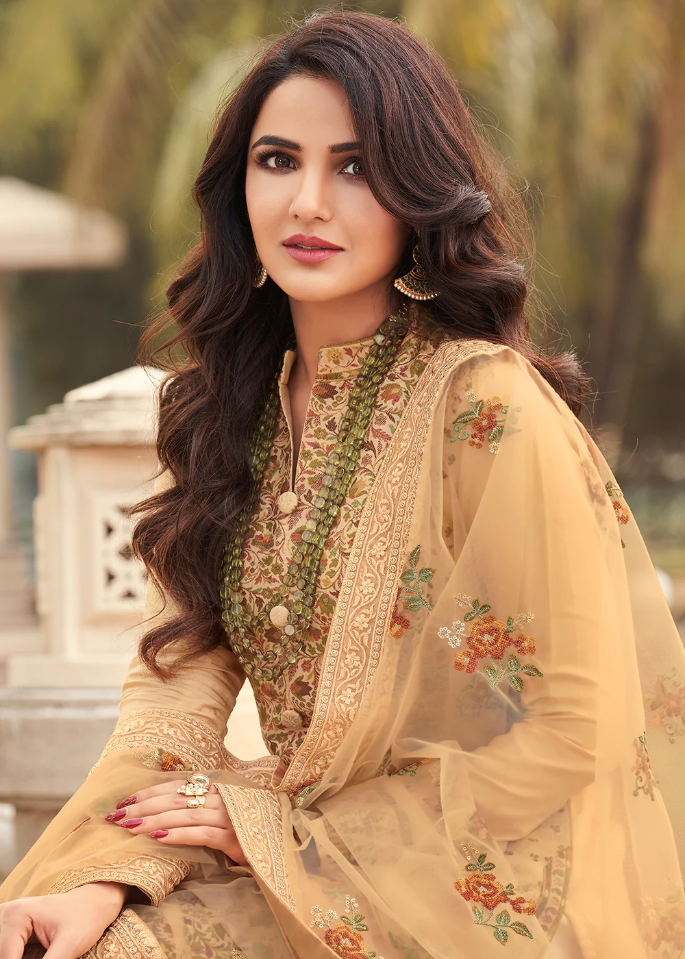 Pretty Beige Viscose Jacquard Pant Style Salwar Kurta Set - Image 2
