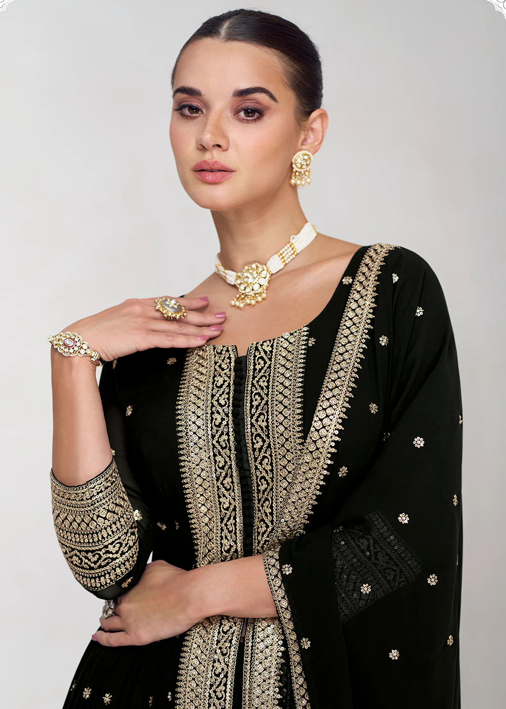Pretty Black Georgette Embroidered Slit Style Palazzo Suit - Image 2