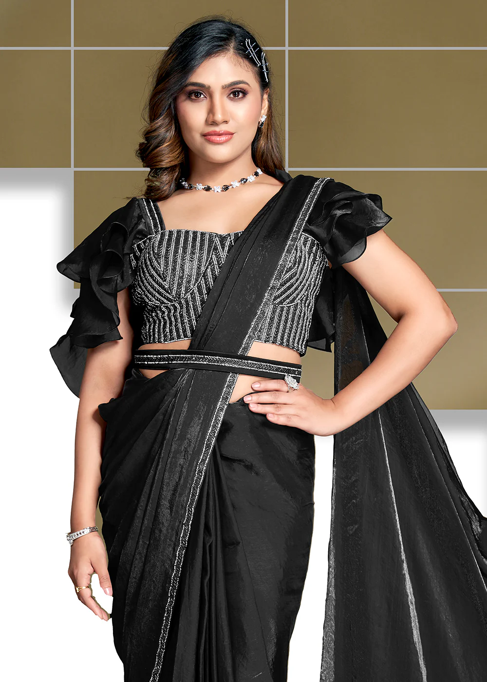 Pretty Black Satin Silk Embroidered Ready to Wear Saree - Image 3