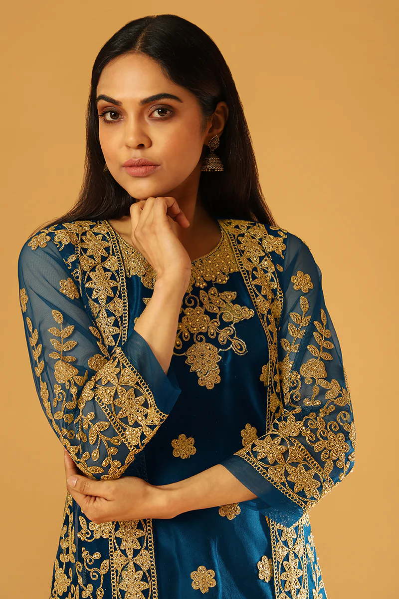 Pretty Blue Festive Wear Straight Cut Pant Style Suit - Image 2