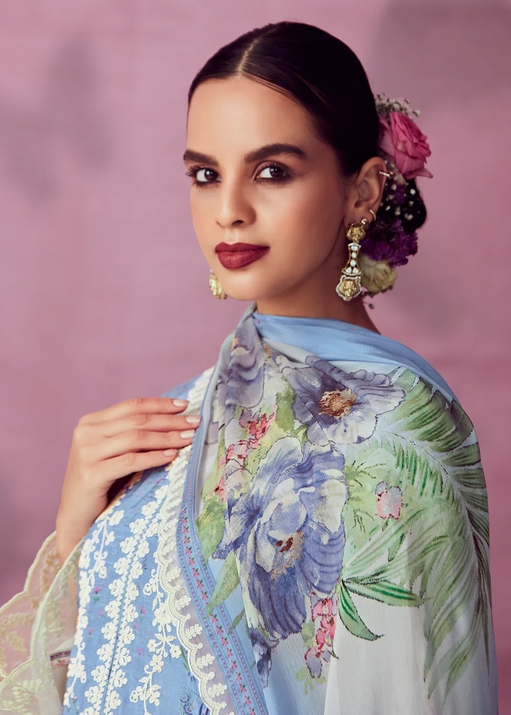Pretty Blue Muslin Cotton Printed Trendy Salwar Kurta Set - Image 2