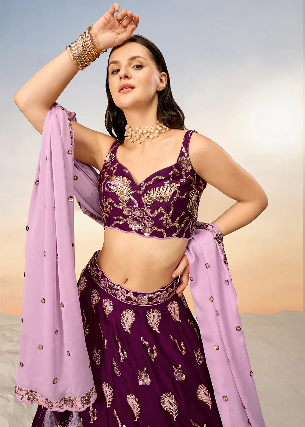 Pretty Burgundy Sequins Embroidered Designer Lehenga Choli - Image 2