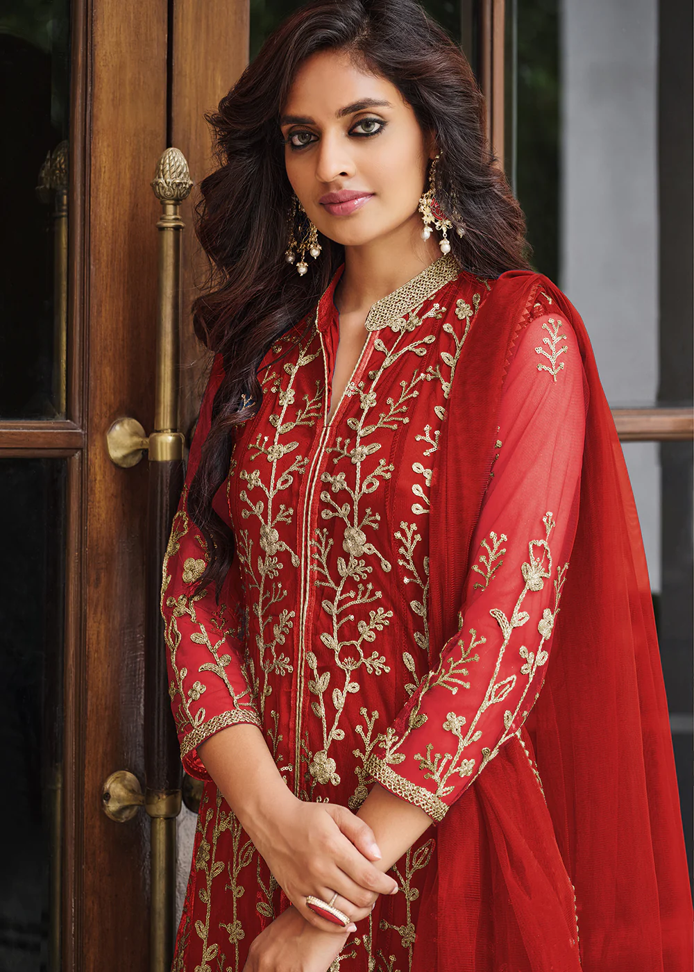 Pretty Cherry Red Designer Front Slit Anarkali Dress - Image 2