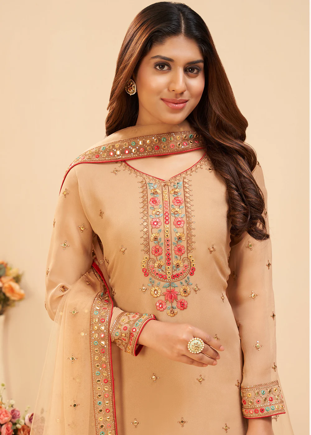 Pretty Chikoo Beige Wedding Embroidered Sharara Suit - Image 2