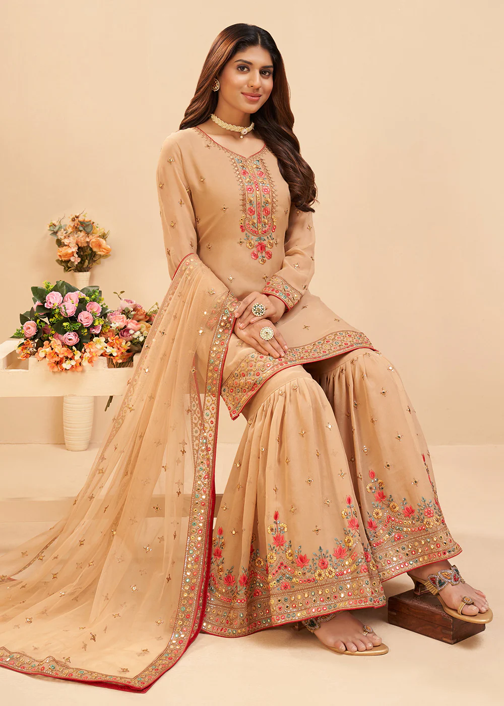 Pretty Chikoo Beige Wedding Embroidered Sharara Suit - Image 3