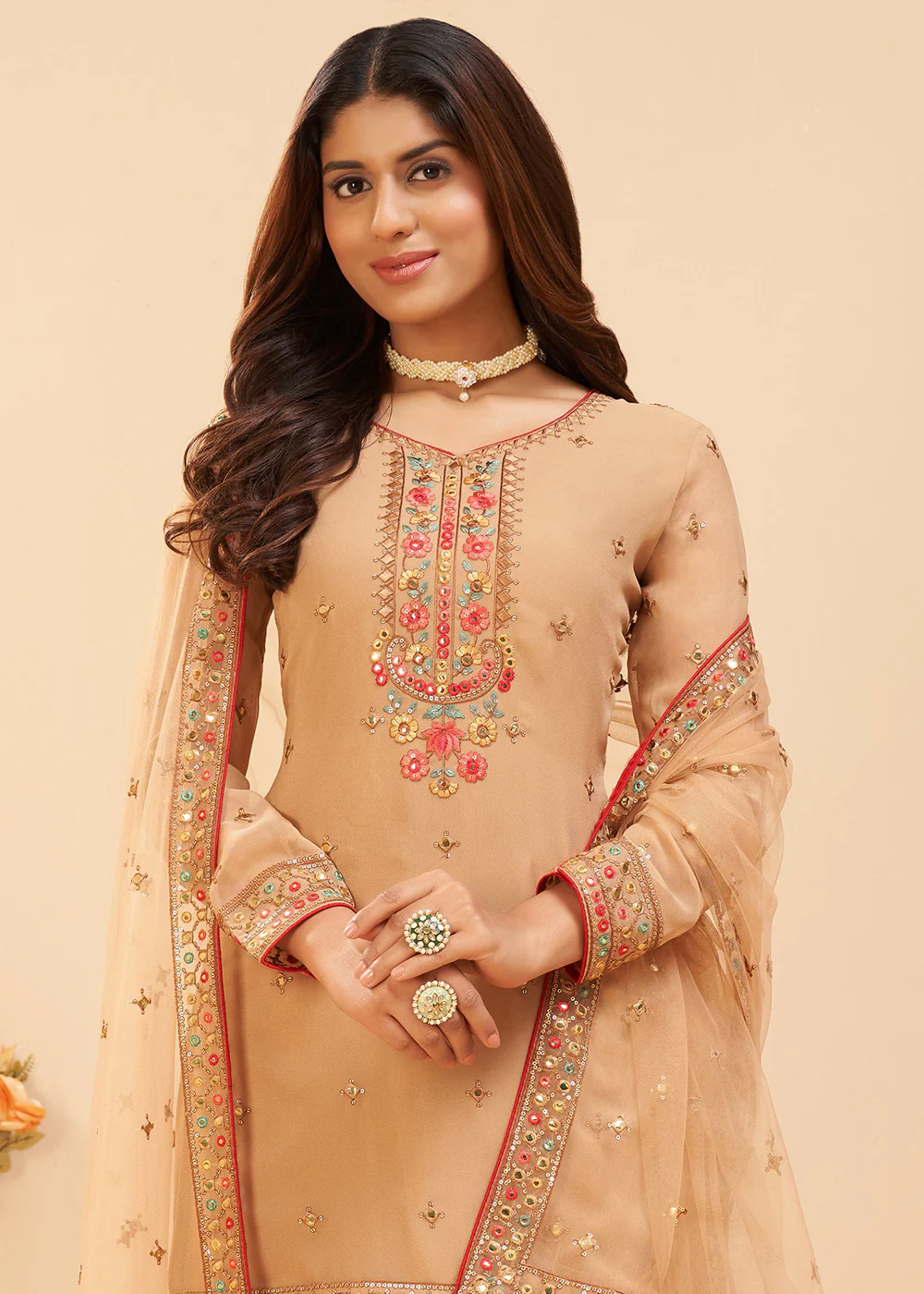 Pretty Chikoo Beige Wedding Embroidered Sharara Suit - Image 4