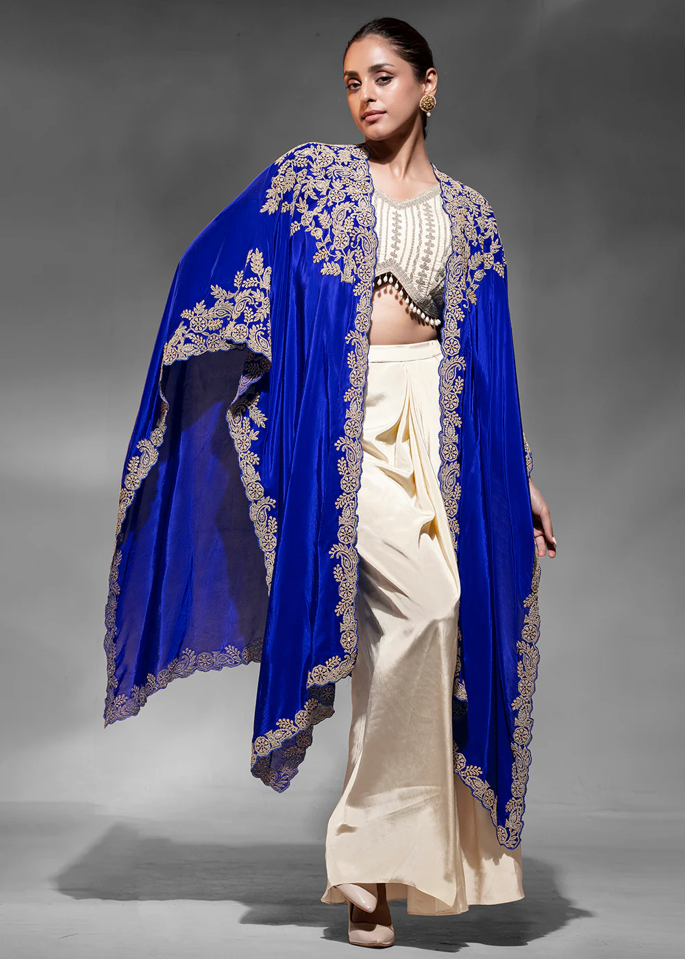 Pretty Cream Cowl Style Skirt Dress with Blue Shurg