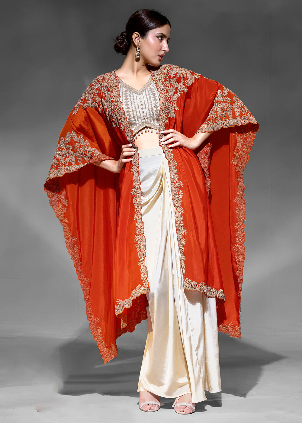 Pretty Cream Cowl Style Skirt Dress with Orange Shurg