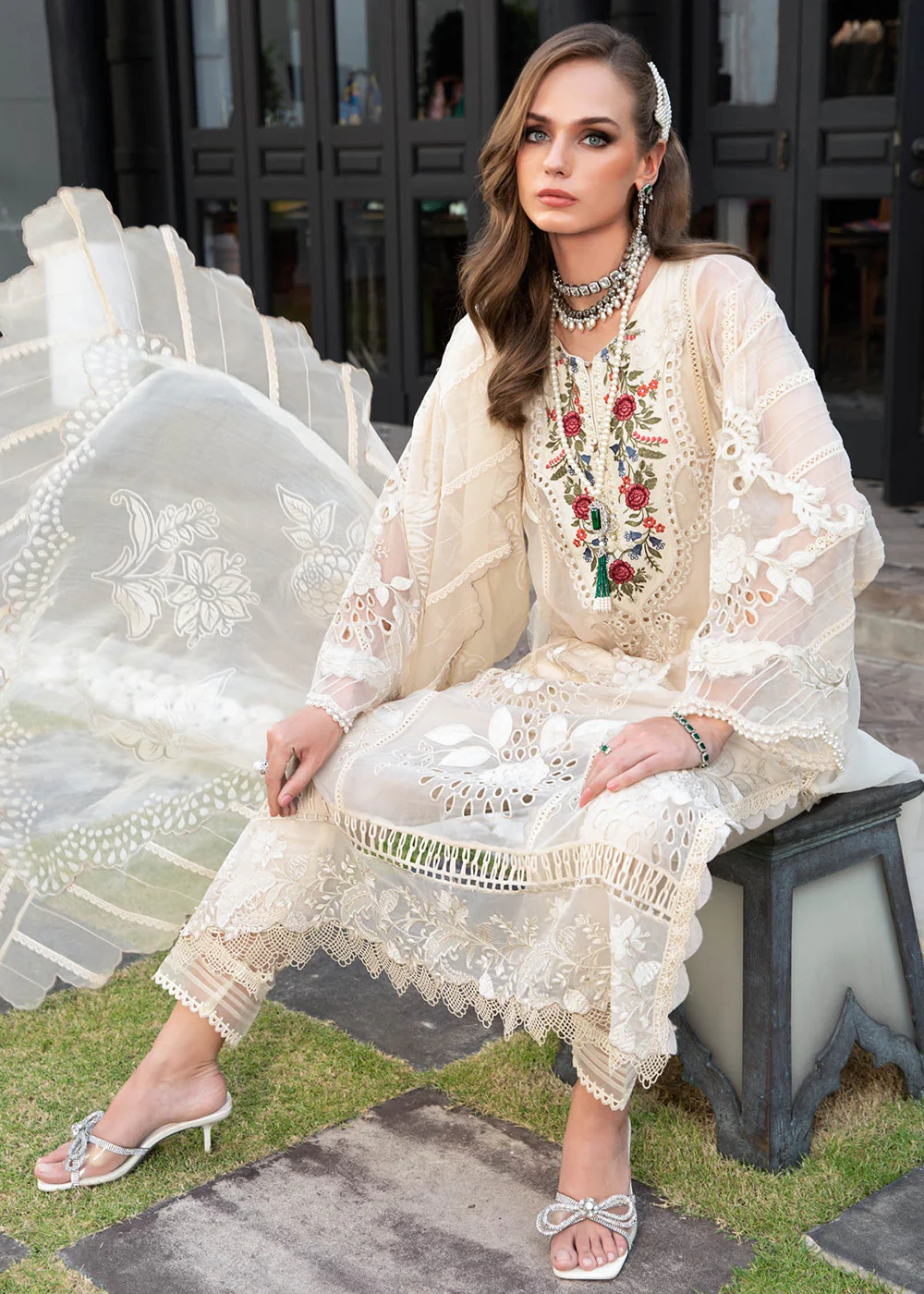 Pretty Cream Floral Suit - Maria B Lawn Eid Collection 2023 - EL-23-01 - Image 3