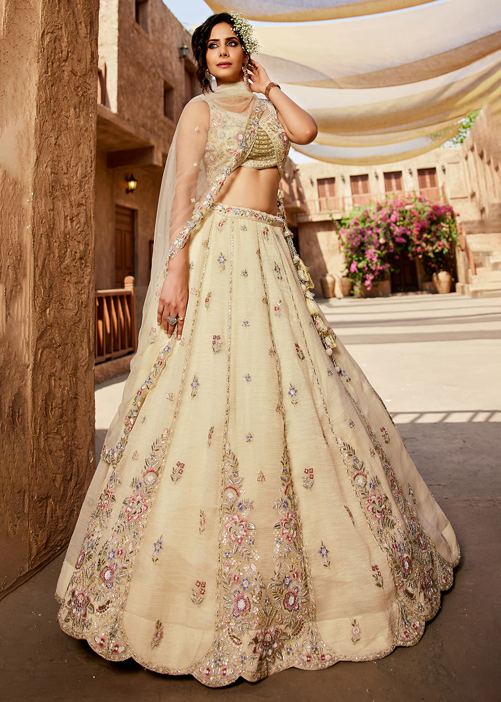 Pretty Cream Sequins Embroidered Wedding Lehenga Choli - Image 4