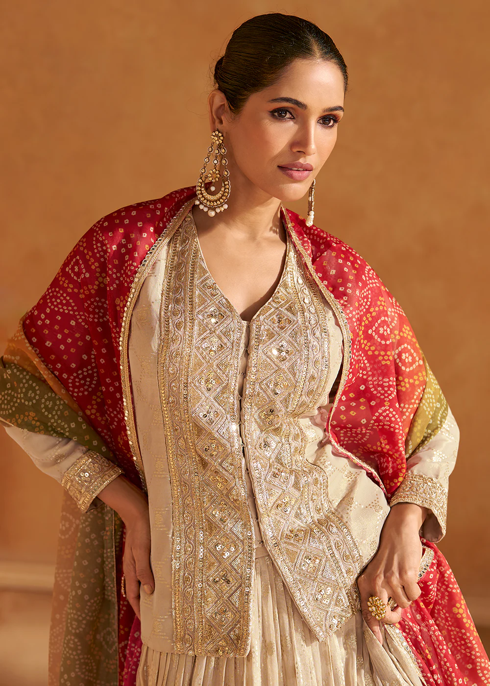 Pretty Cream Viscose Silk Bridesmaids Lehenga Choli - Image 2