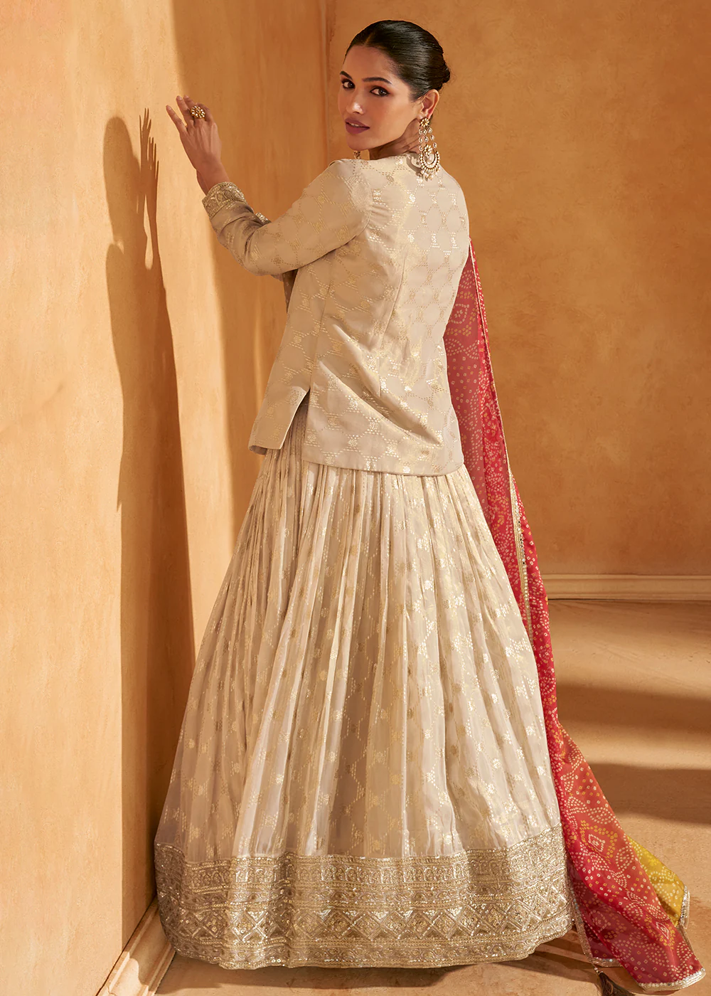Pretty Cream Viscose Silk Bridesmaids Lehenga Choli - Image 3