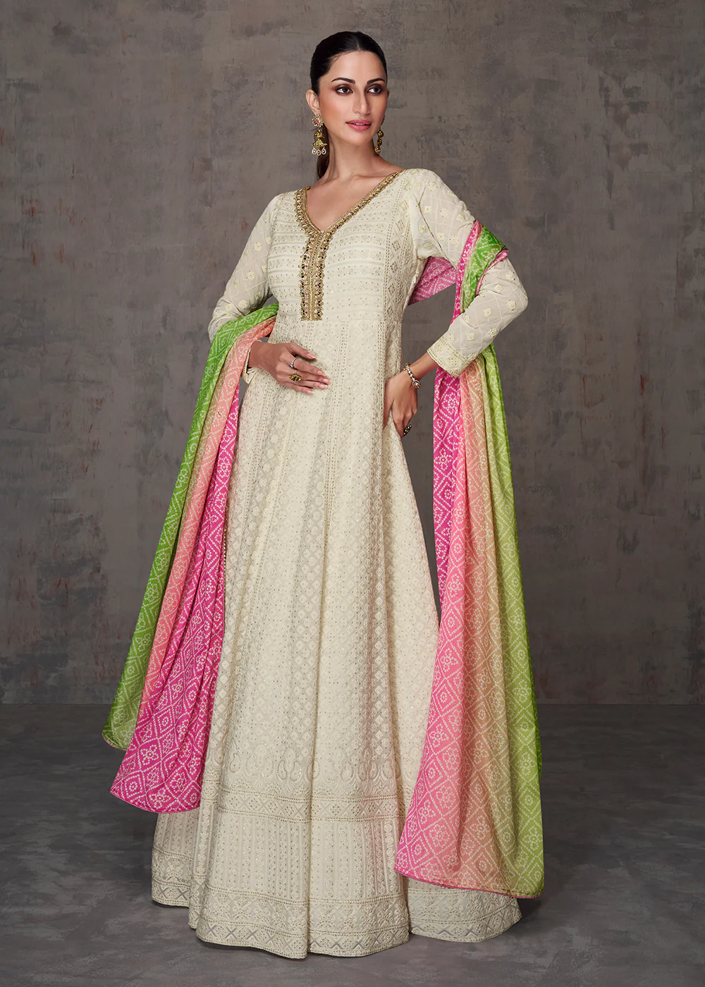 Pretty Cream Wedding Wear Embroidered Long Anarkali Suit - Image 3