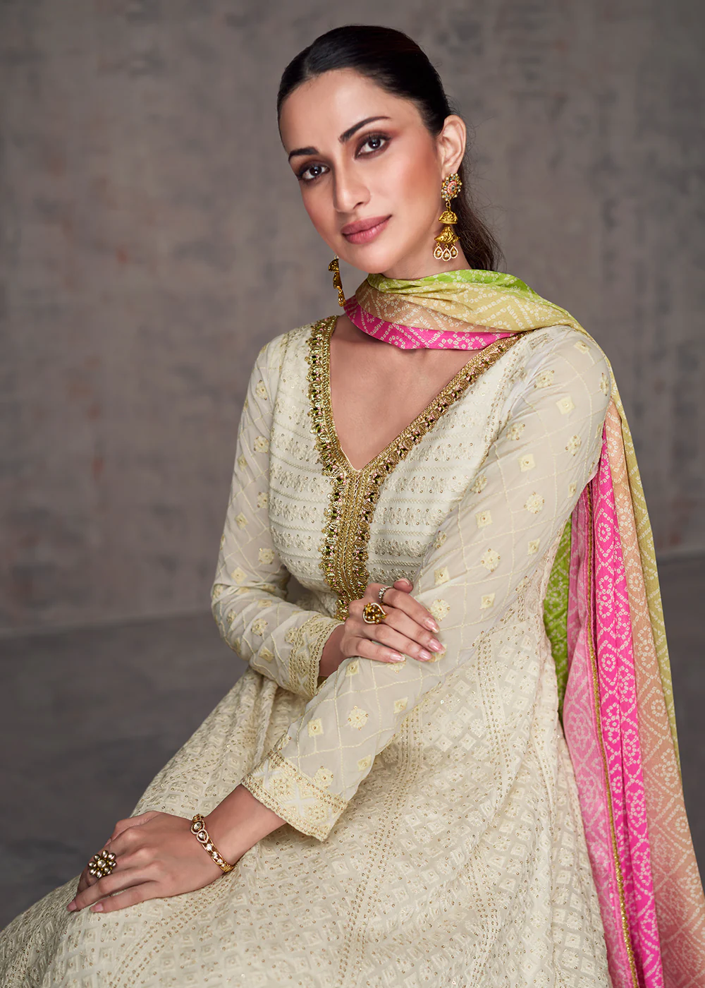 Pretty Cream Wedding Wear Embroidered Long Anarkali Suit - Image 4