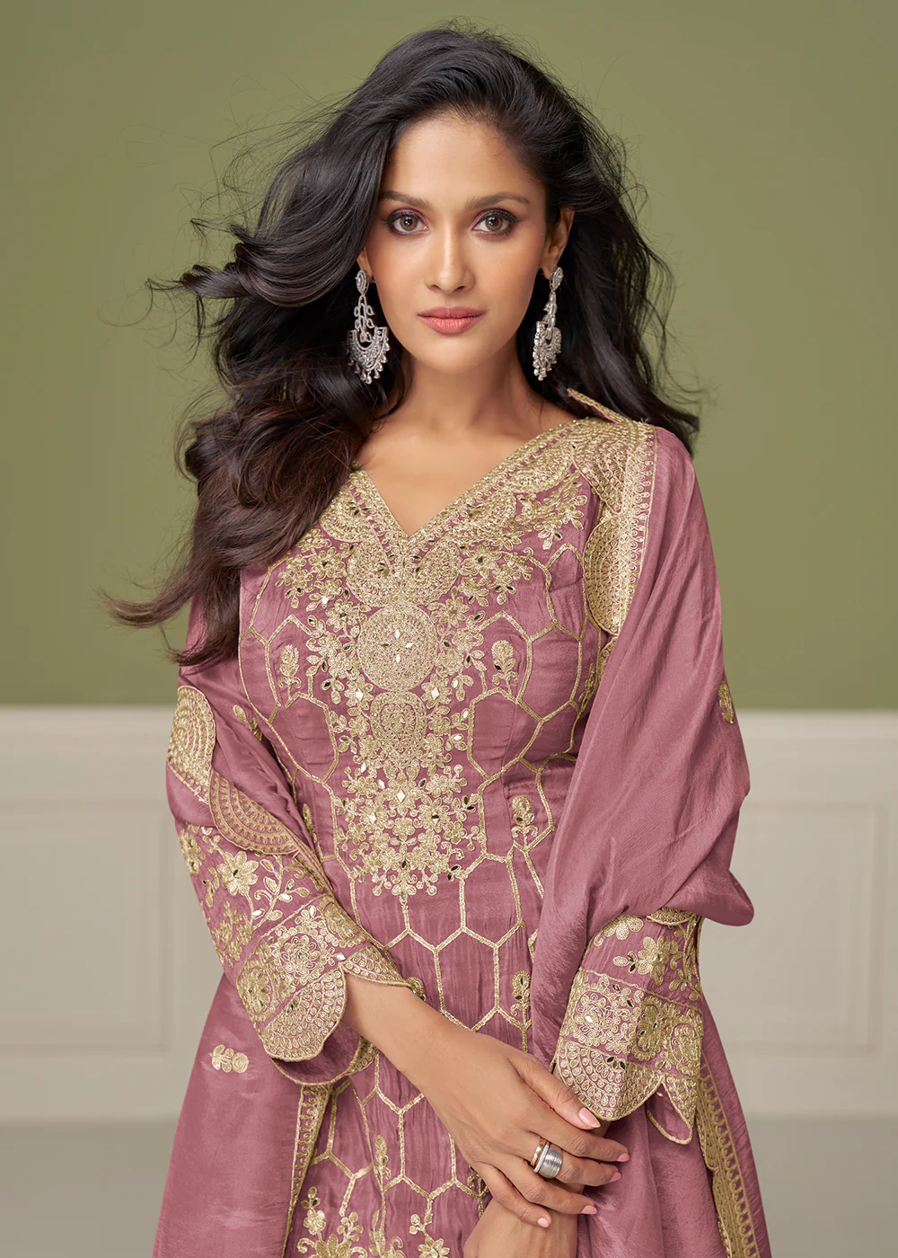 Pretty Embroidered Pink Shimmer Silk Gharara Suit - Image 2