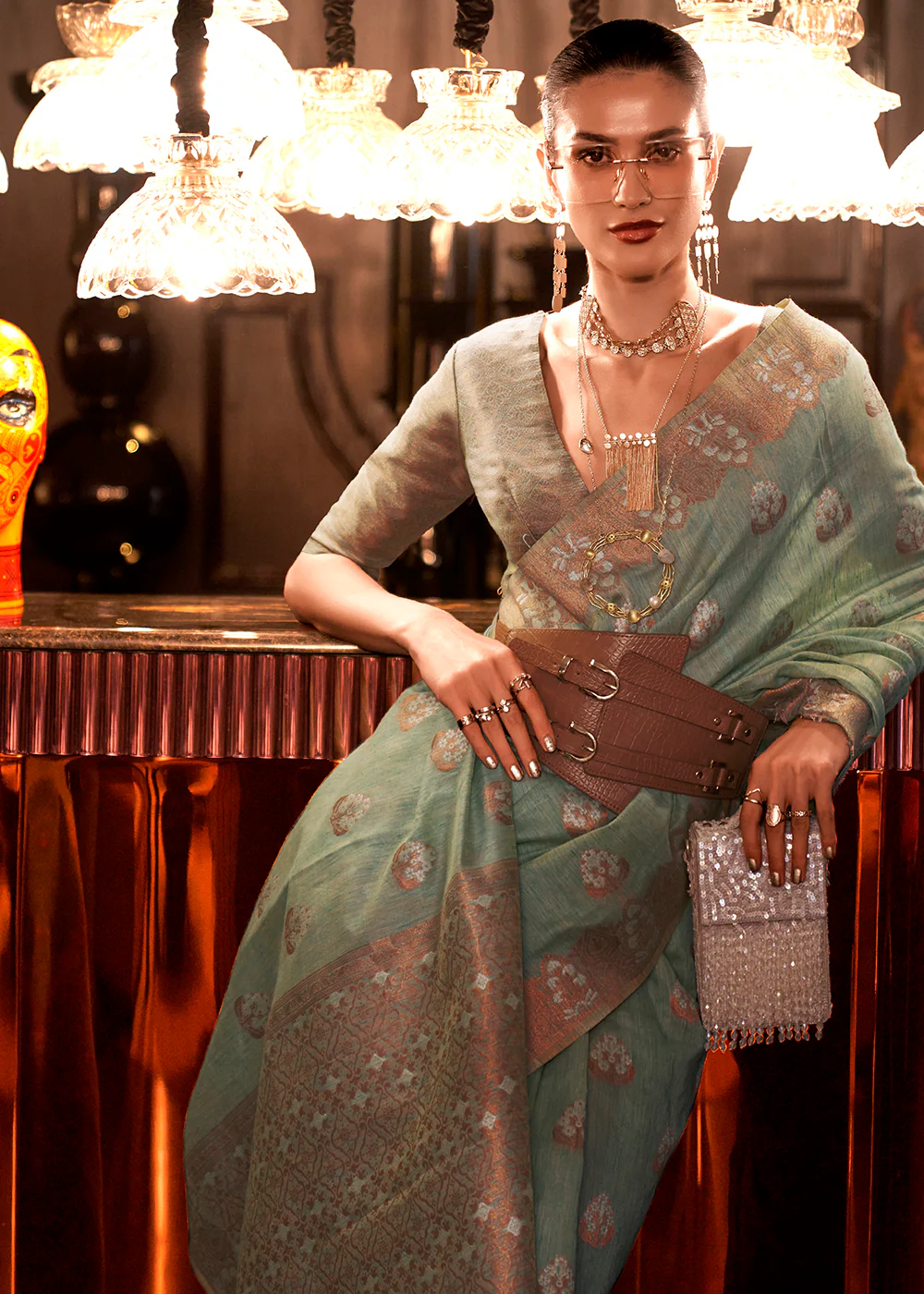 Pretty Firefly Green Copper Zari Weaving Linen Designer Saree - Image 2