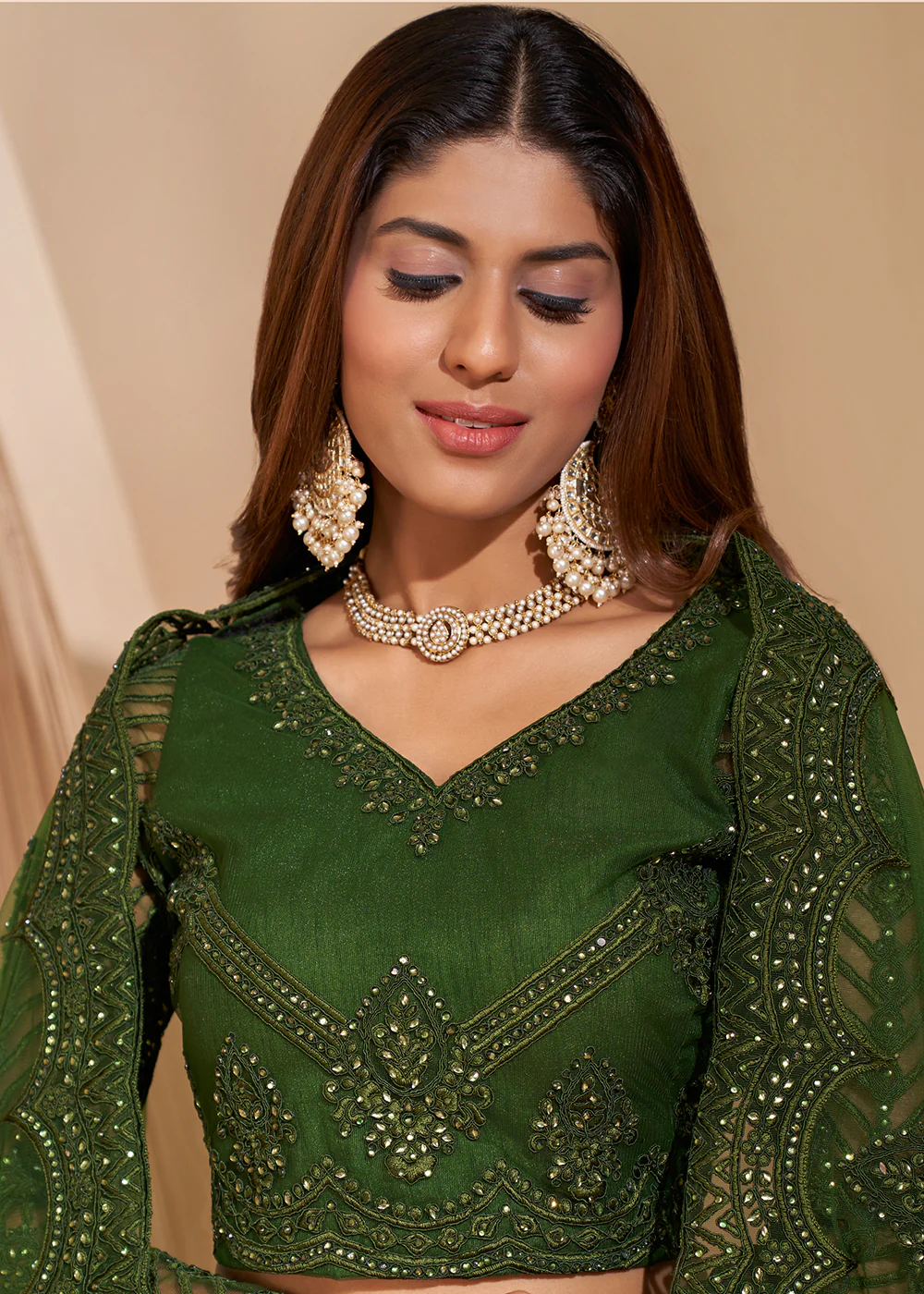 Pretty Green Designer Bridesmaids Wedding Lehenga Choli - Image 2