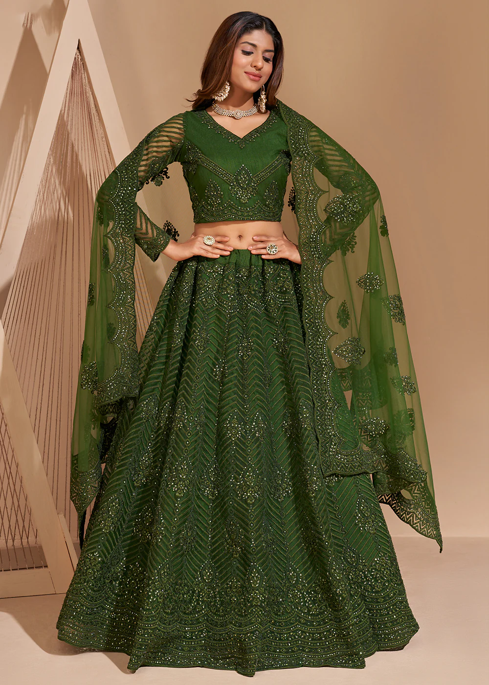 Pretty Green Designer Bridesmaids Wedding Lehenga Choli - Image 3