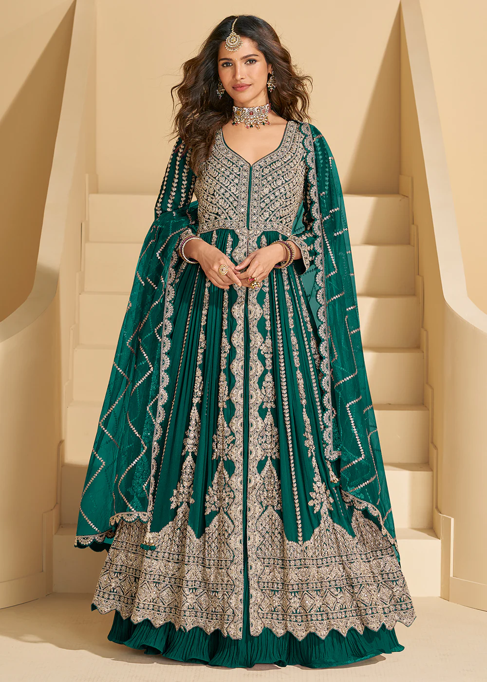 Pretty Green Front Slit Embroidered Skirt Style Suit