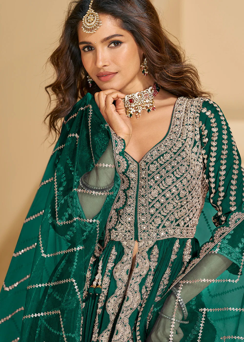 Pretty Green Front Slit Embroidered Skirt Style Suit - Image 2