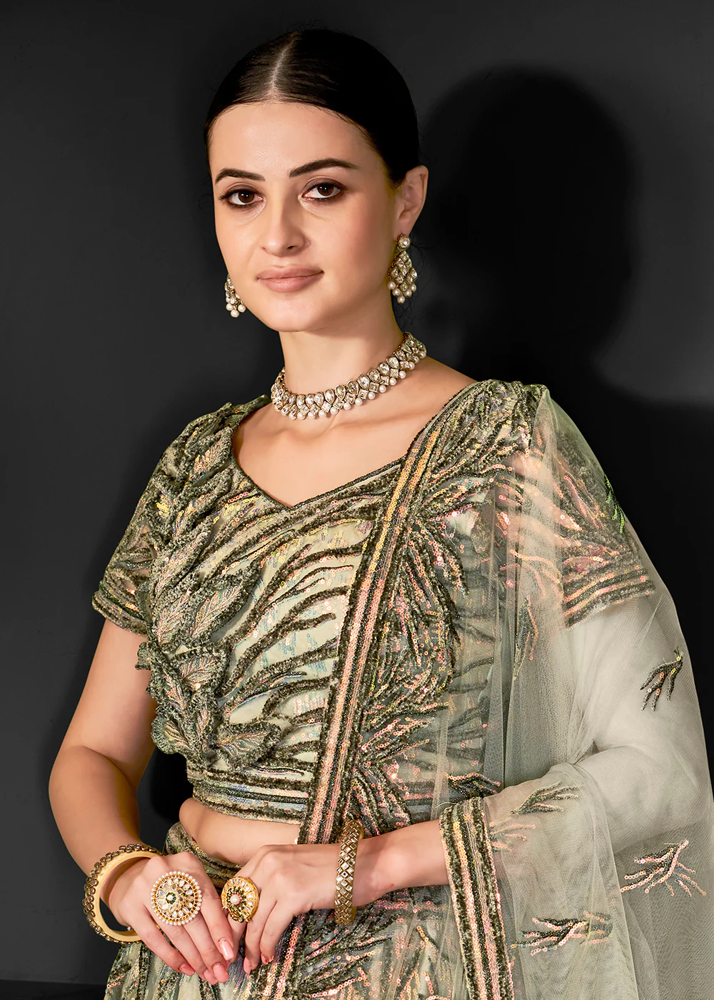 Pretty Green Net Embroidered Bridal Party Lehenga Choli - Image 2