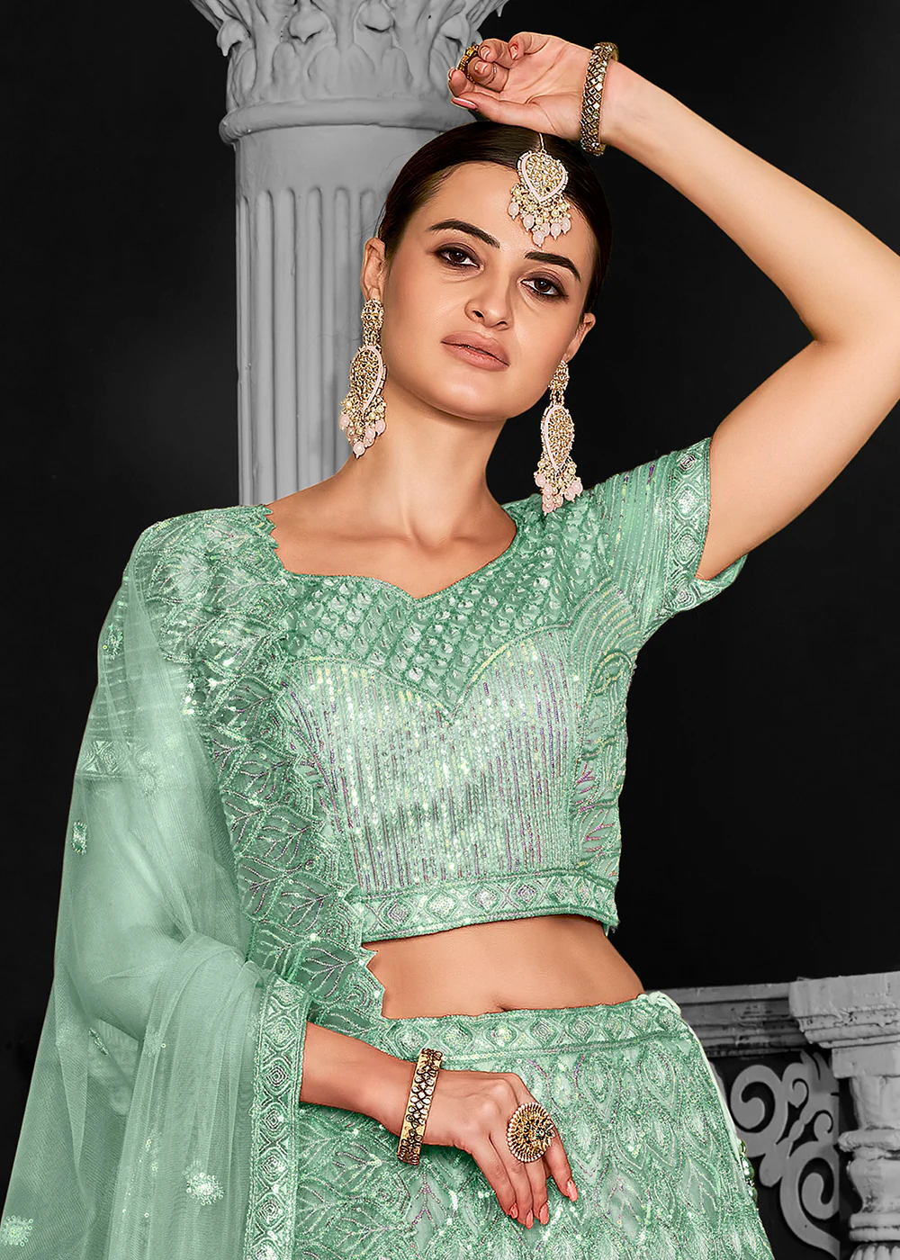 Pretty Green Net Embroidered Bridal Party Lehenga Choli - Image 2