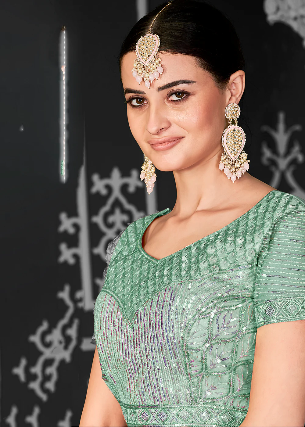 Pretty Green Net Embroidered Bridal Party Lehenga Choli - Image 3