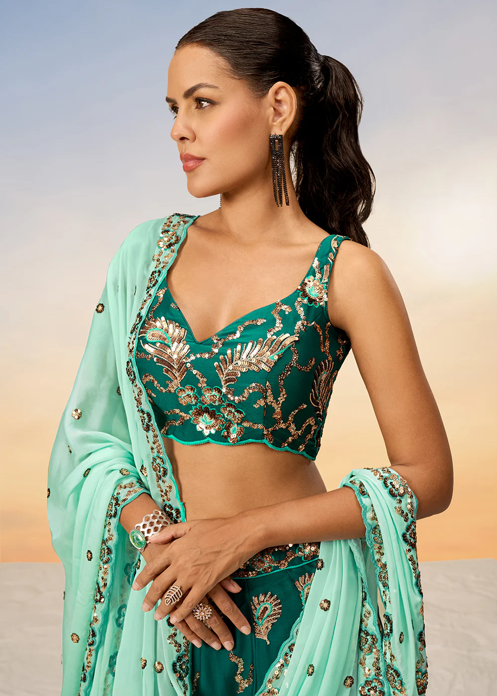 Pretty Green Sequins Embroidered Designer Lehenga Choli - Image 2