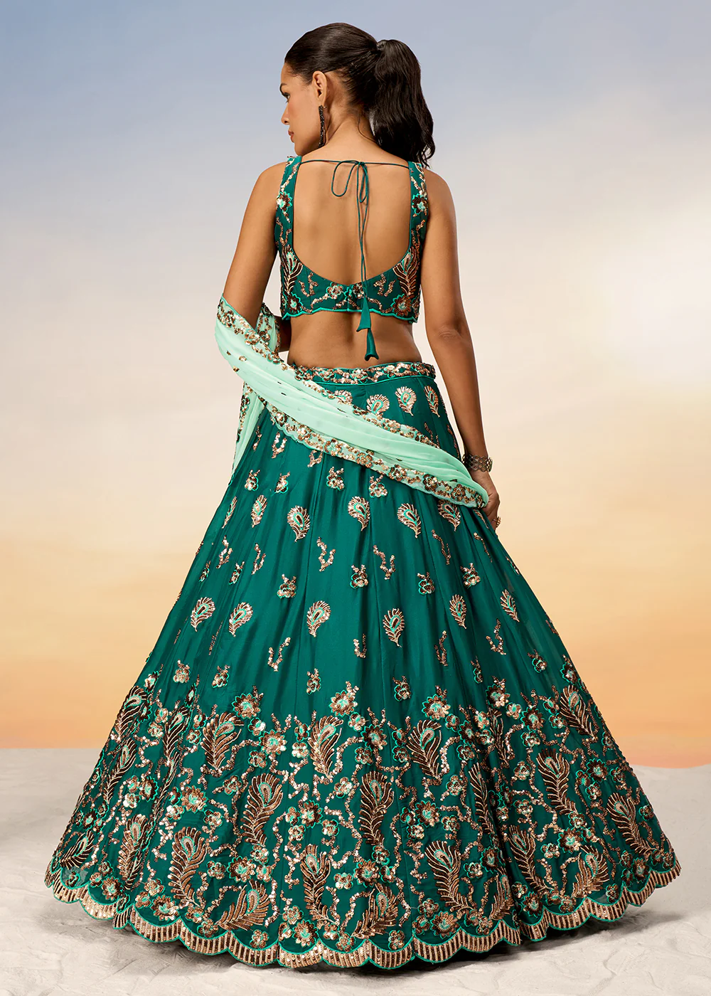 Pretty Green Sequins Embroidered Designer Lehenga Choli - Image 3