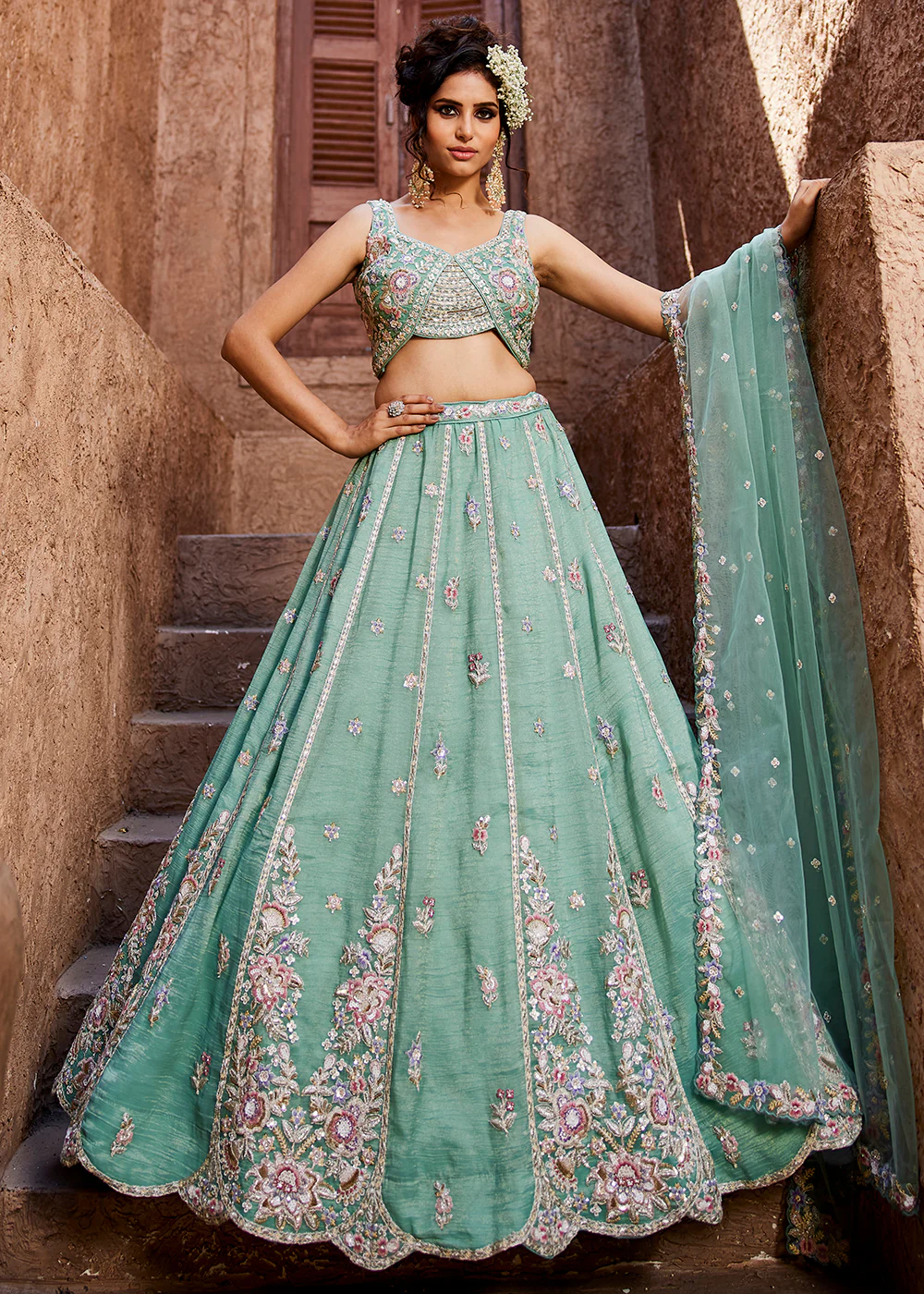 Pretty Green Sequins Embroidered Wedding Lehenga Choli