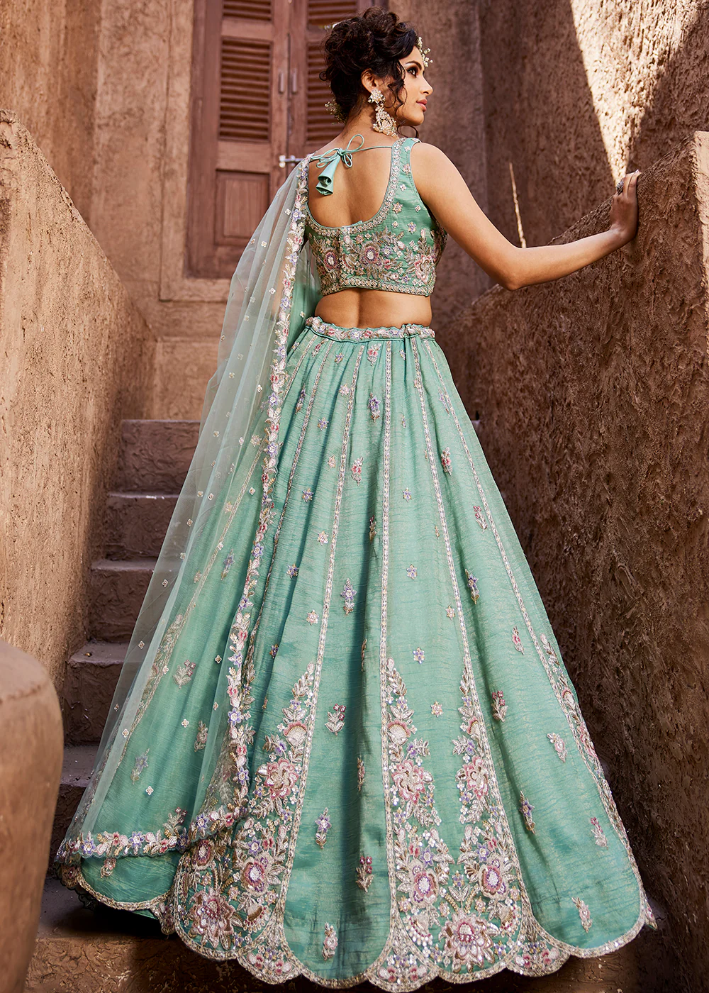 Pretty Green Sequins Embroidered Wedding Lehenga Choli - Image 3