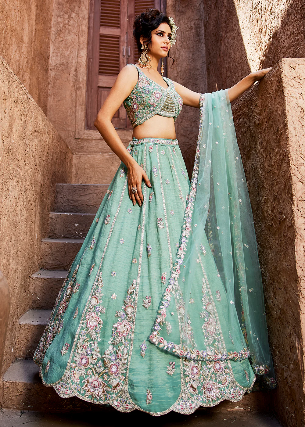 Pretty Green Sequins Embroidered Wedding Lehenga Choli - Image 4