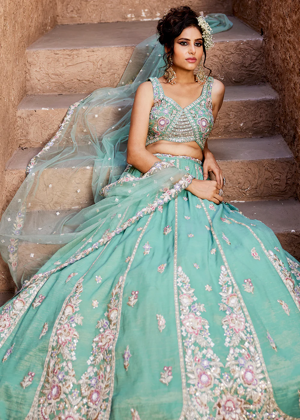 Pretty Green Sequins Embroidered Wedding Lehenga Choli - Image 5