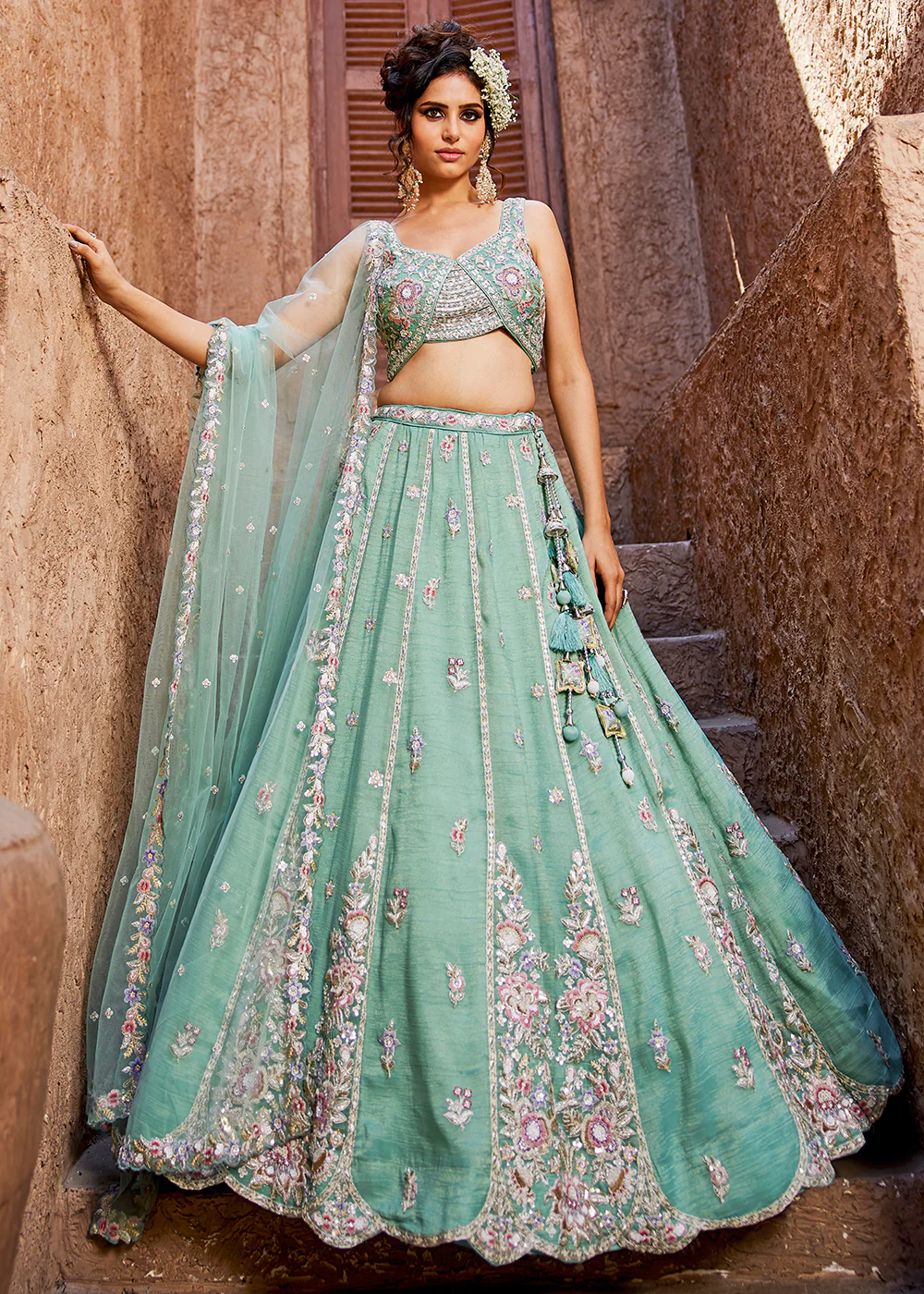 Pretty Green Sequins Embroidered Wedding Lehenga Choli - Image 6