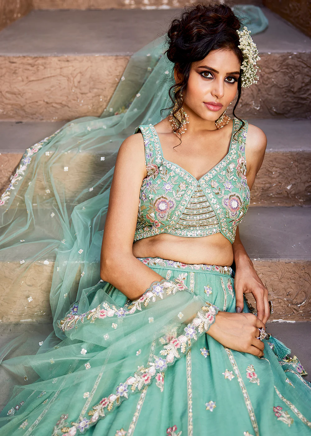 Pretty Green Sequins Embroidered Wedding Lehenga Choli - Image 7