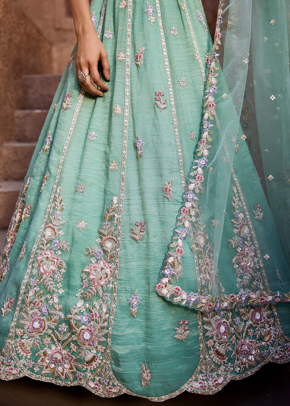 Pretty Green Sequins Embroidered Wedding Lehenga Choli - Image 8