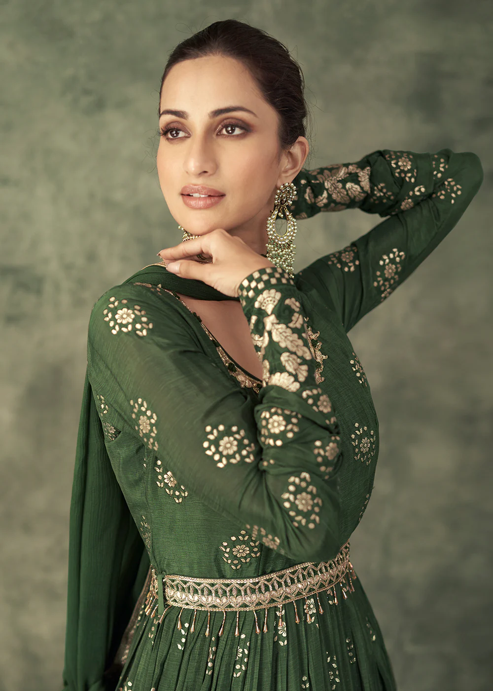 Pretty Green Viscose Silk Embroidered Wedding Anarkali Gown - Image 2