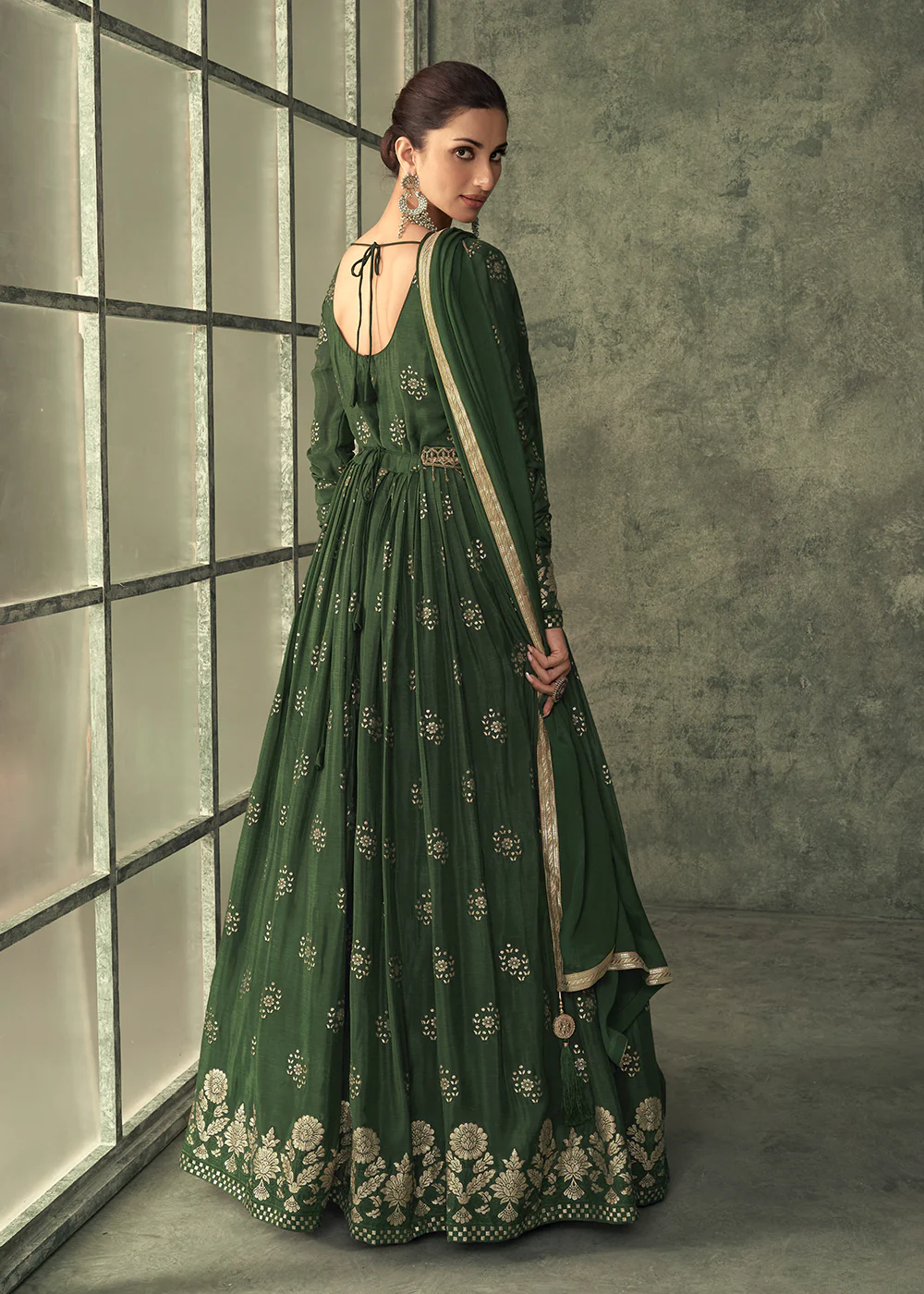 Pretty Green Viscose Silk Embroidered Wedding Anarkali Gown - Image 3