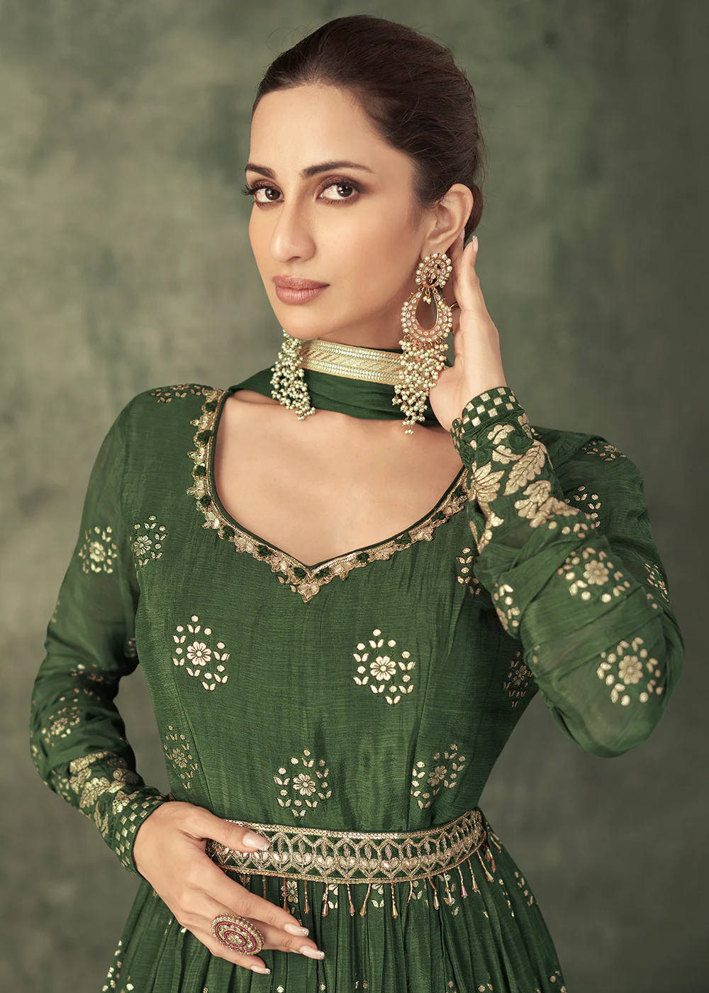 Pretty Green Viscose Silk Embroidered Wedding Anarkali Gown - Image 4