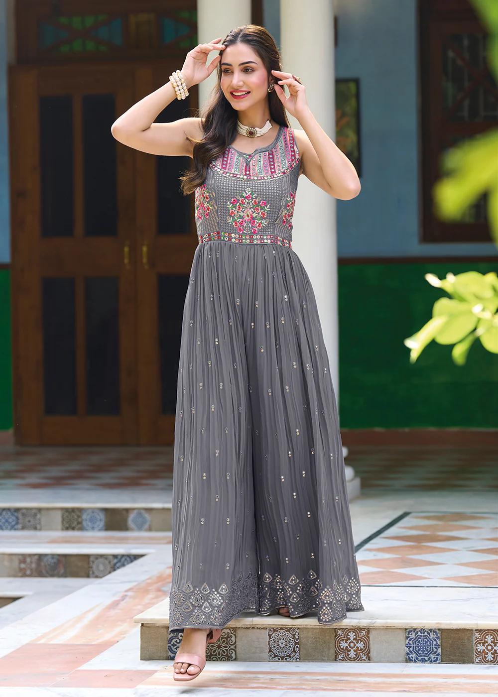 Pretty Grey Indo-Western Embroidered Georgette Jumpsuit - Image 4