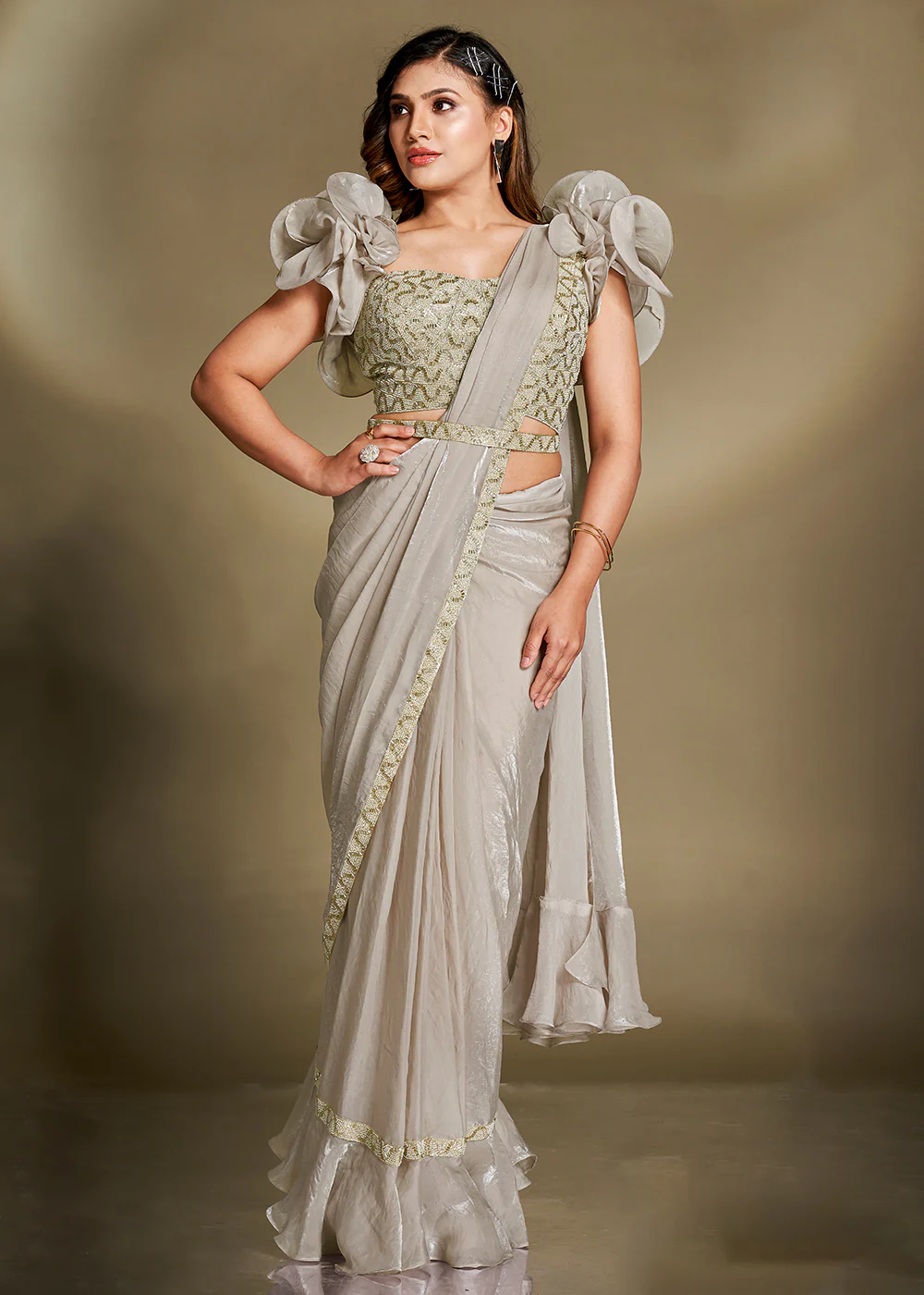 Pretty Grey Satin Silk Embroidered Ready to Wear Saree