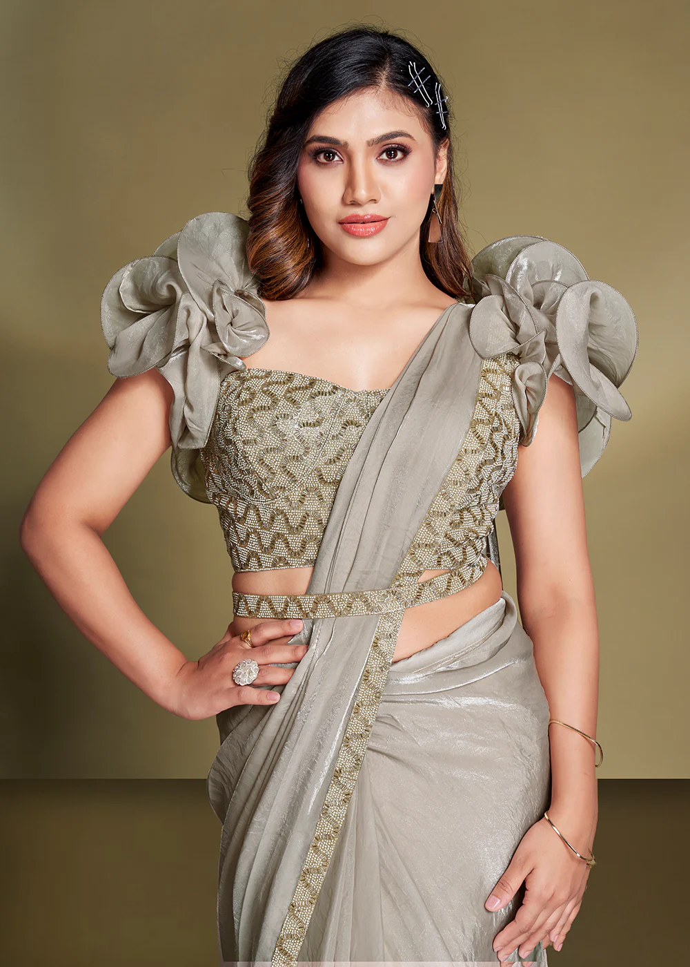 Pretty Grey Satin Silk Embroidered Ready to Wear Saree - Image 2