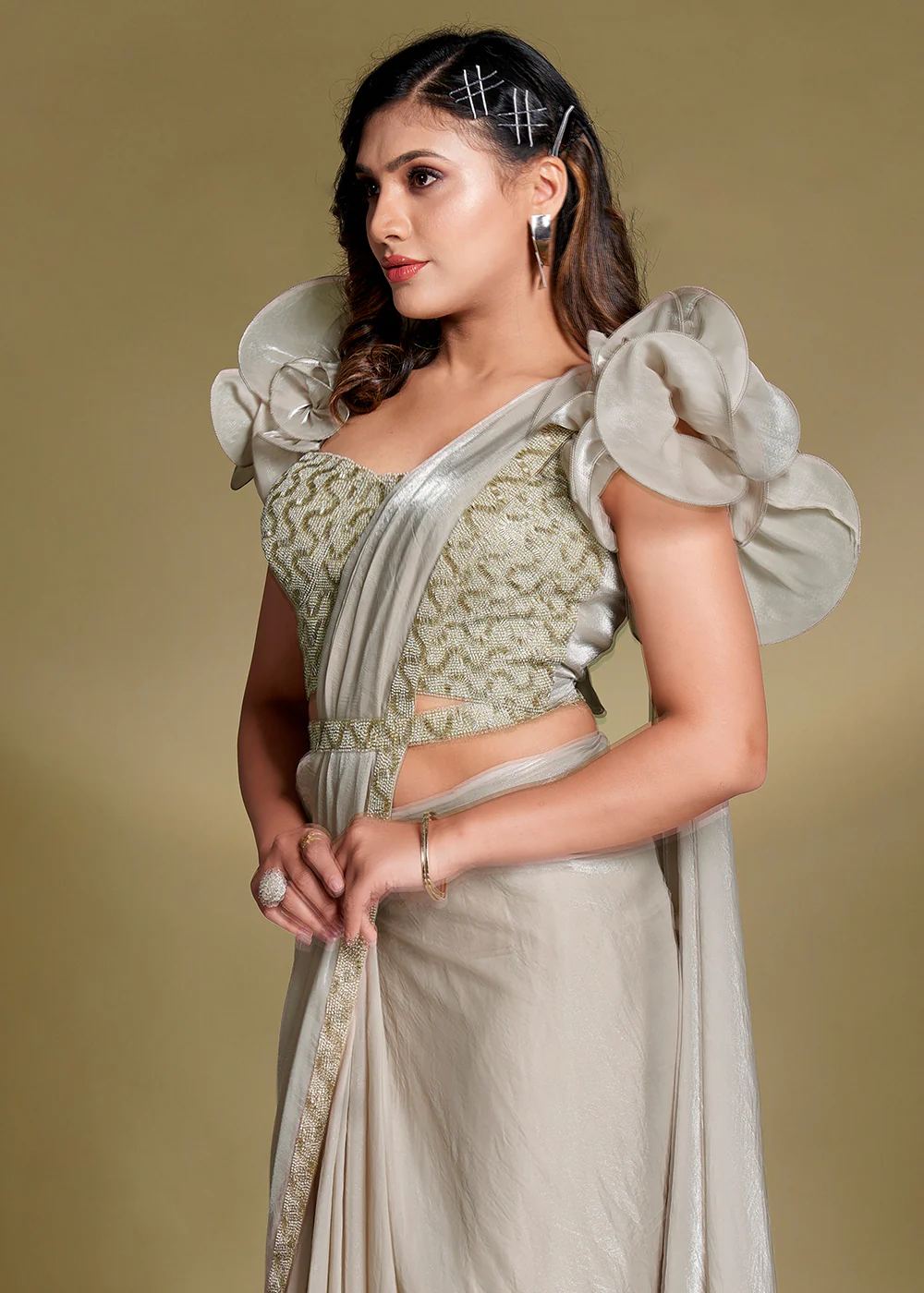 Pretty Grey Satin Silk Embroidered Ready to Wear Saree - Image 3