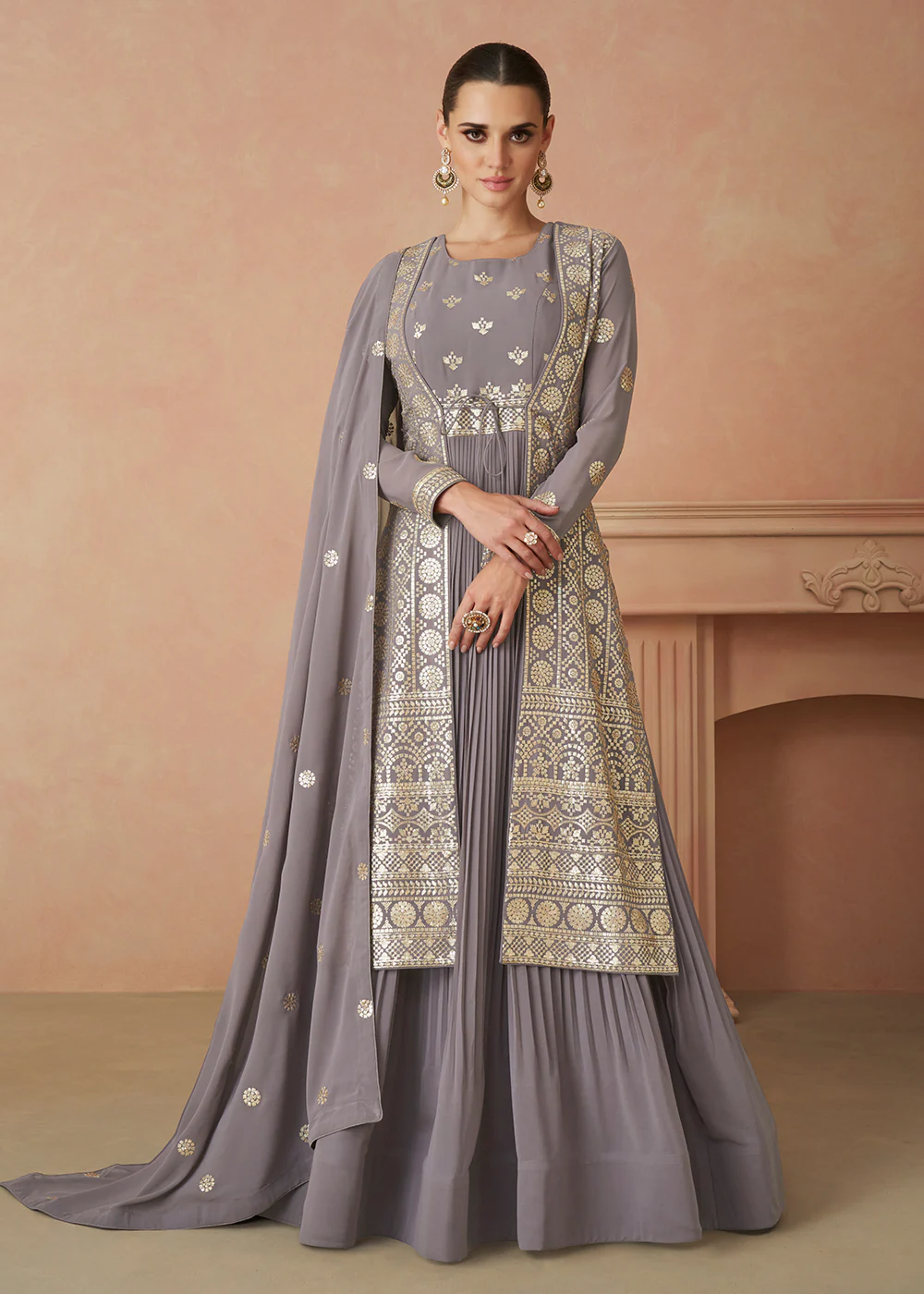 Pretty Grey Sequins Embroidered Georgette Designer Gown - Image 3