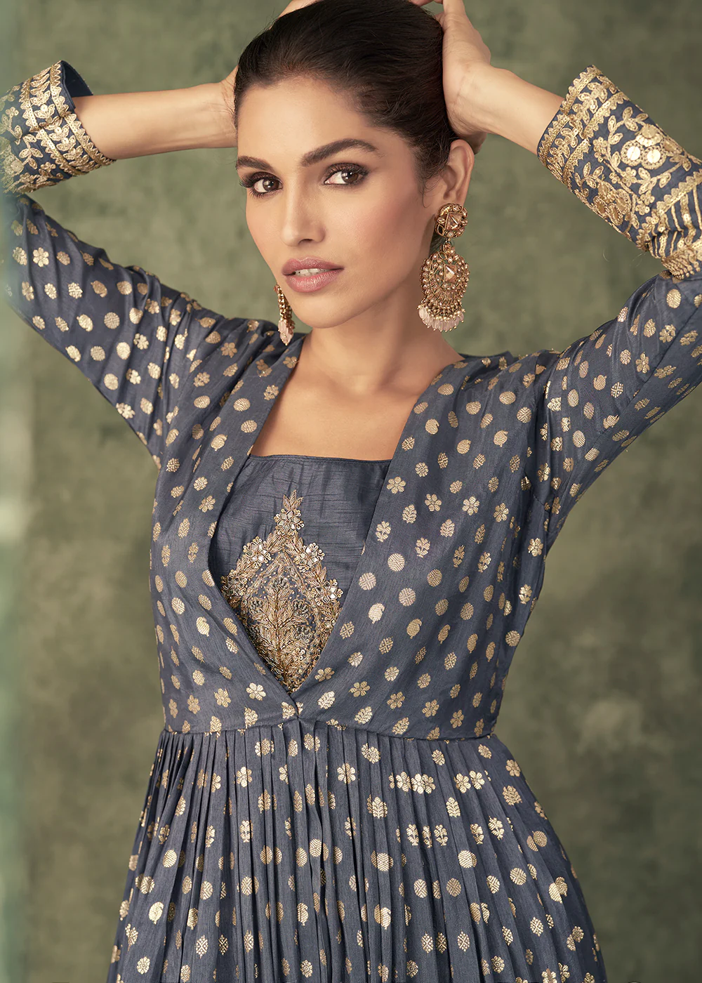 Pretty Grey Viscose Silk Embroidered Anarkali Gown with Jacket - Image 2