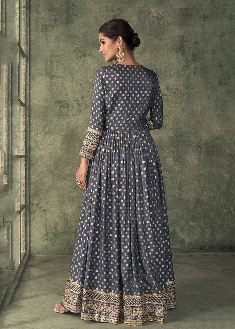 Pretty Grey Viscose Silk Embroidered Anarkali Gown with Jacket - Image 3