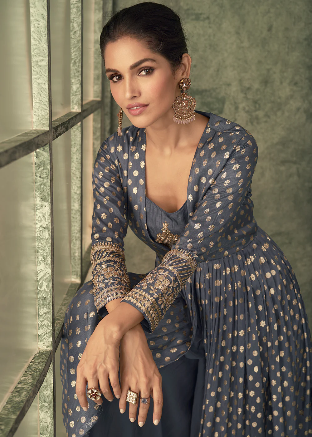 Pretty Grey Viscose Silk Embroidered Anarkali Gown with Jacket - Image 4