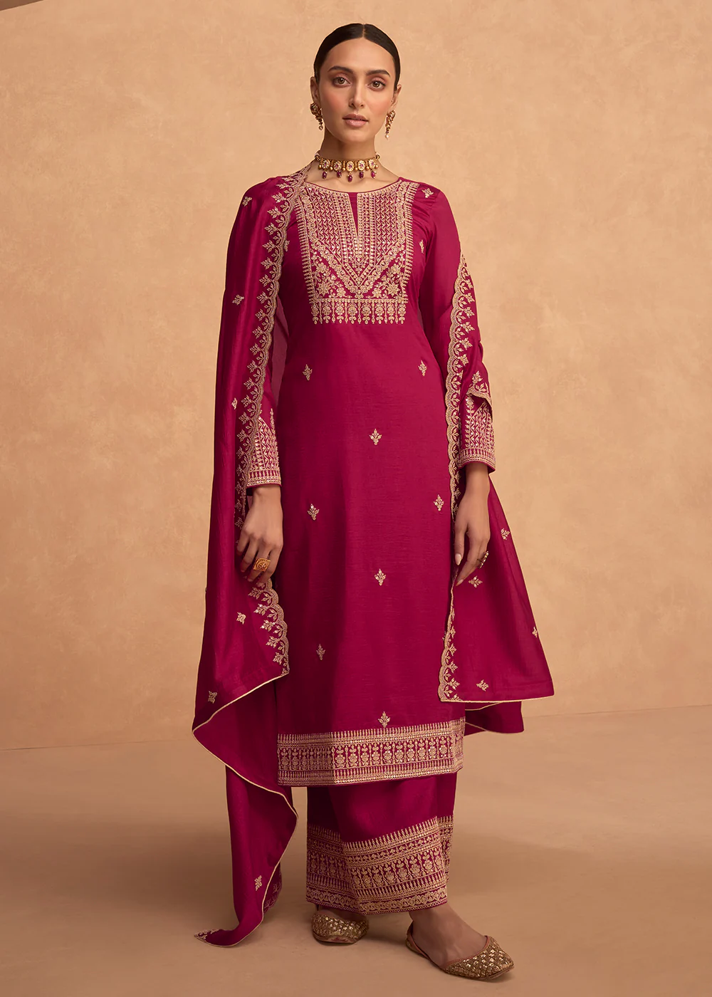 Pretty Hot Pink Premium Silk Embroidered Indian Palazzo Suit