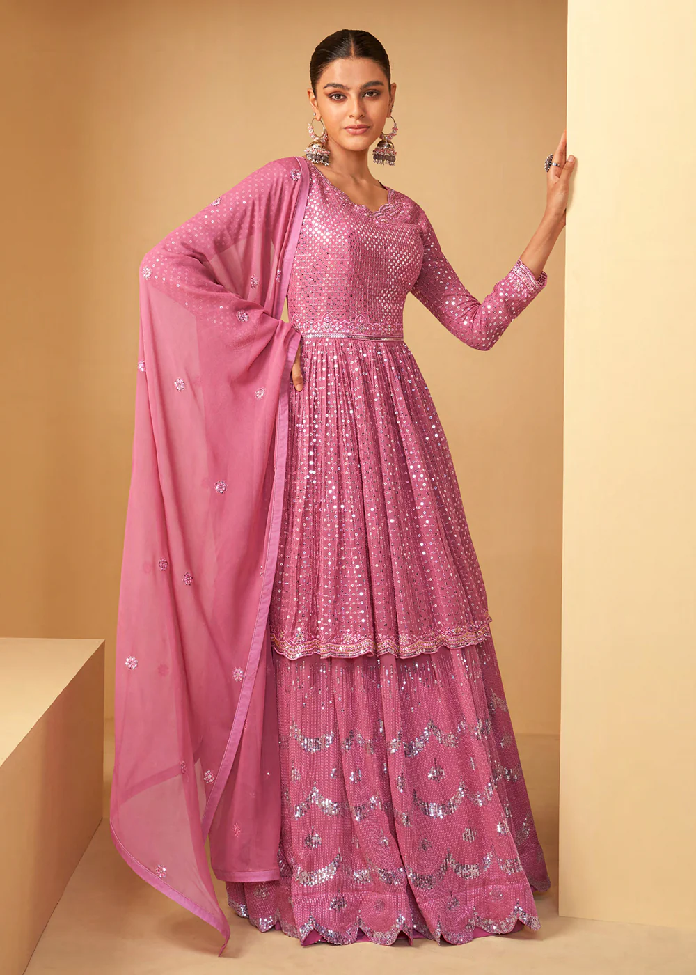Pretty Light Pink Sequins Embroidered Sharara Style Suit